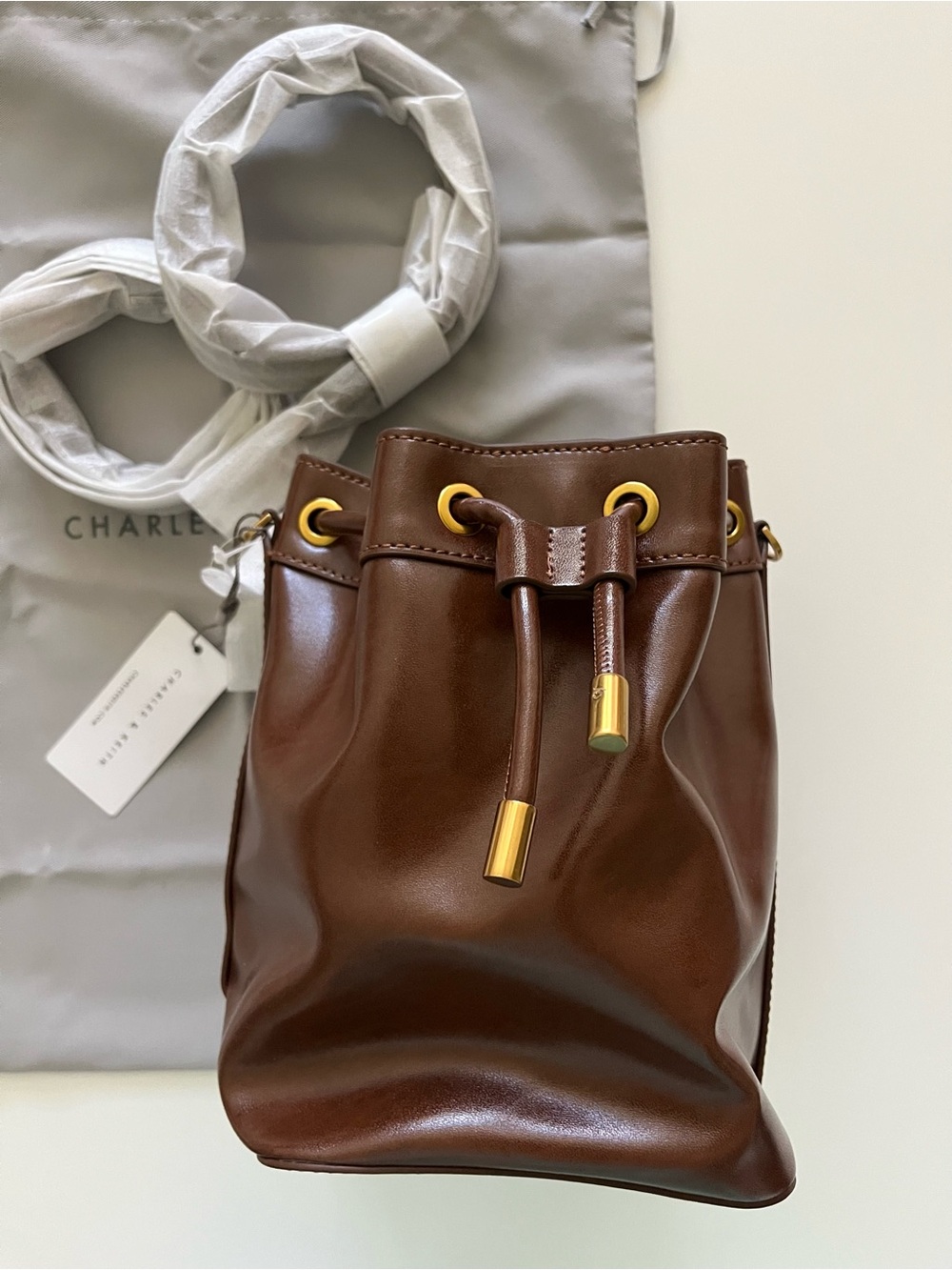 NWT Charles & Keith Drawstring Bucket Bag - Chocolate Brown / Full Set